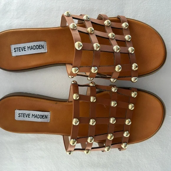 Steve Madden Beil Sandals | Cognac Brown w/ Gold Studs | Size 7.5 | Like New - Picture 2 of 5